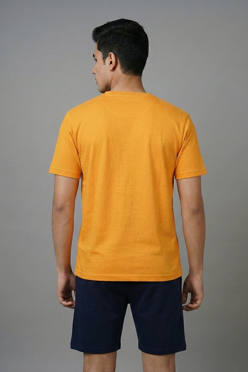 Men’s Yellow Graphic Print Henley Neck T-Shirt & Navy Shorts Lounge Wear Set