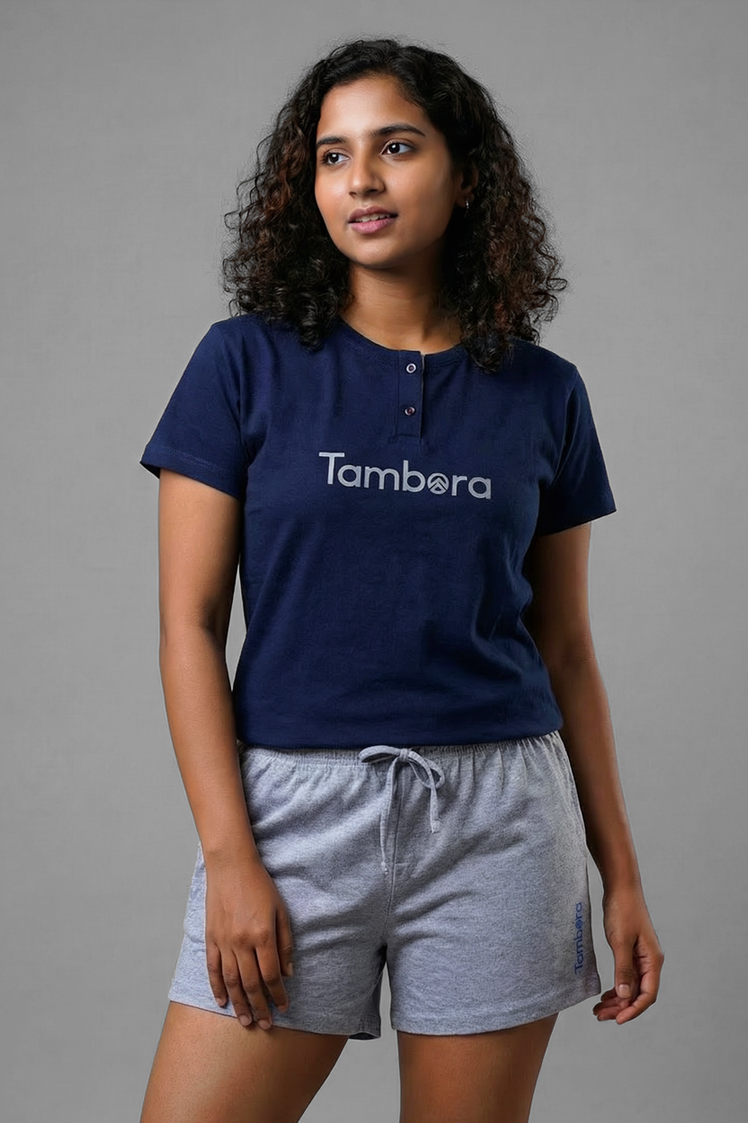 Women's Navy Henley Neck T-Shirt & Grey Melange Shorts Pyjama Set