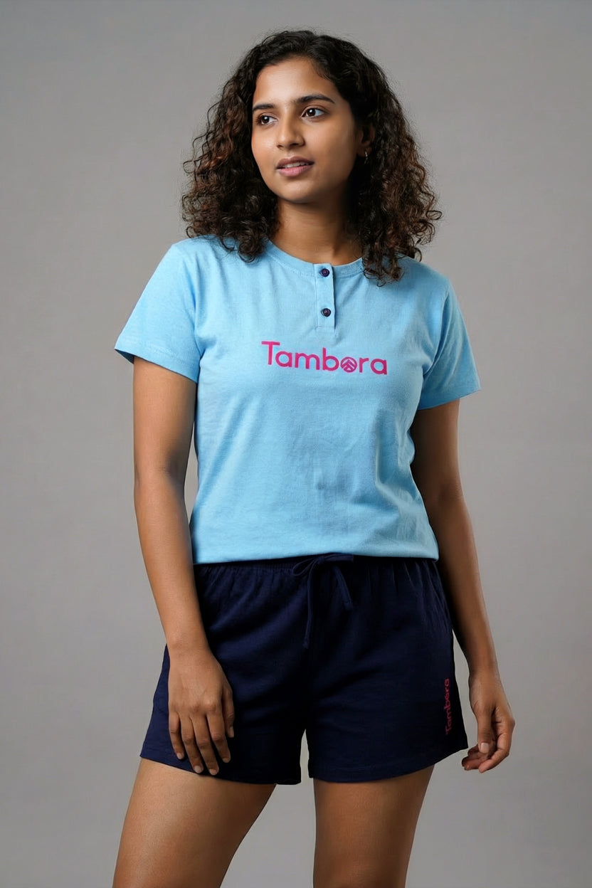 Women's Blue Henley Neck T-Shirt & Navy Shorts Pyjama Set