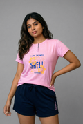 Women's Pink Henley Neck Graphic Printed T-Shirt & Navy Shorts Pyjama Set