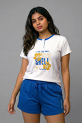 Women's White Henley Neck Graphic Printed T-Shirt & Blue Shorts Pyjama Set