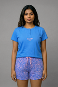 Women's Blue Henley Neck Graphic Printed T-Shirt & Camouflage Pink Shorts Pyjama Set