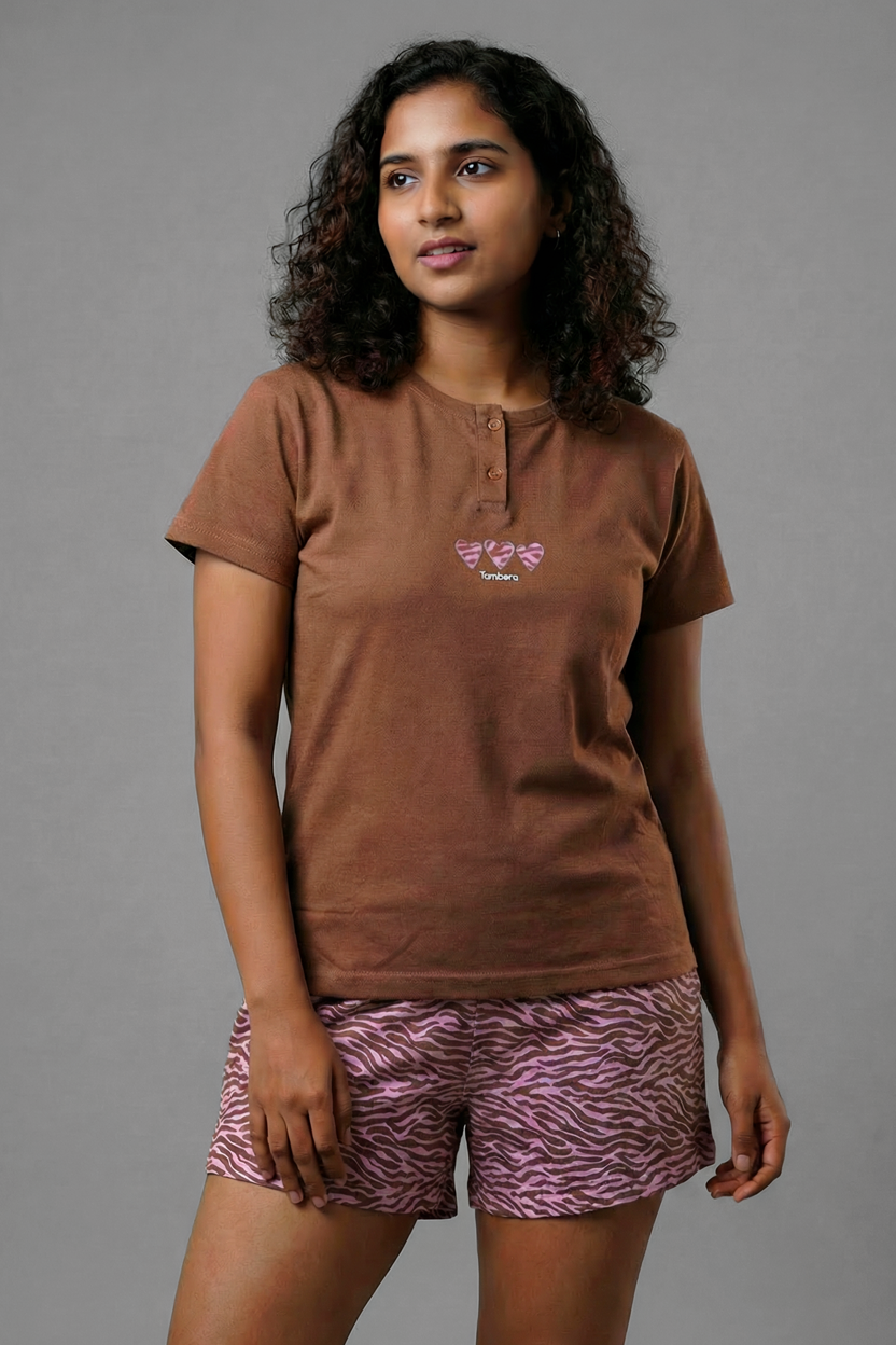 Women's Brown Henley Neck Graphic Printed T-Shirt & Camouflage Pink Shorts Pyjama Set