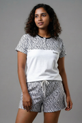 Women's Black and White Cut & Sew Henley Neck T-Shirt & Camouflage Shorts Set