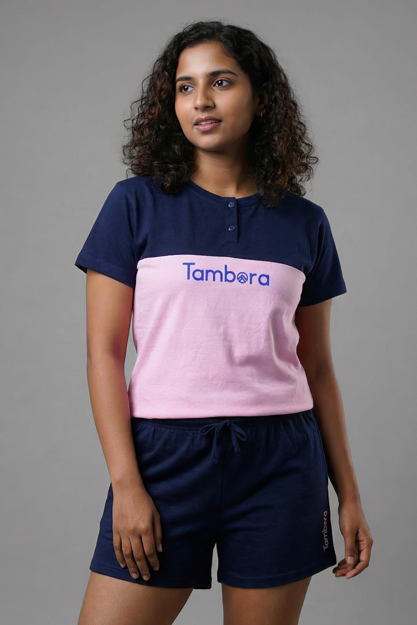 Women's Navy and Pink Cut & Sew Henley Neck T-Shirt & Navy Shorts Pyjama Set