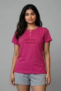 Women's Dark Pink Henley Neck T-Shirt & Grey Shorts Set